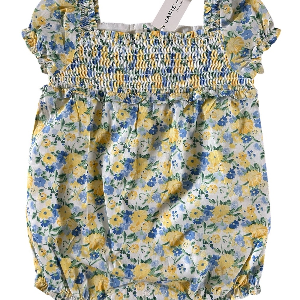 NWT Janie & Jack Smocked Floral Bubble Romper 12M 18M Puffed Sleeves Blue Yellow